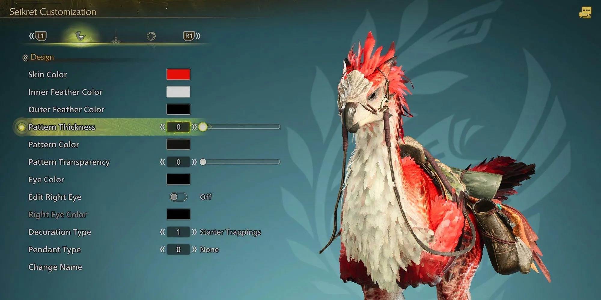 Giao diện tab Thiết Kế (Design) để tùy chỉnh ngoại hình Seikret trong Monster Hunter Wilds