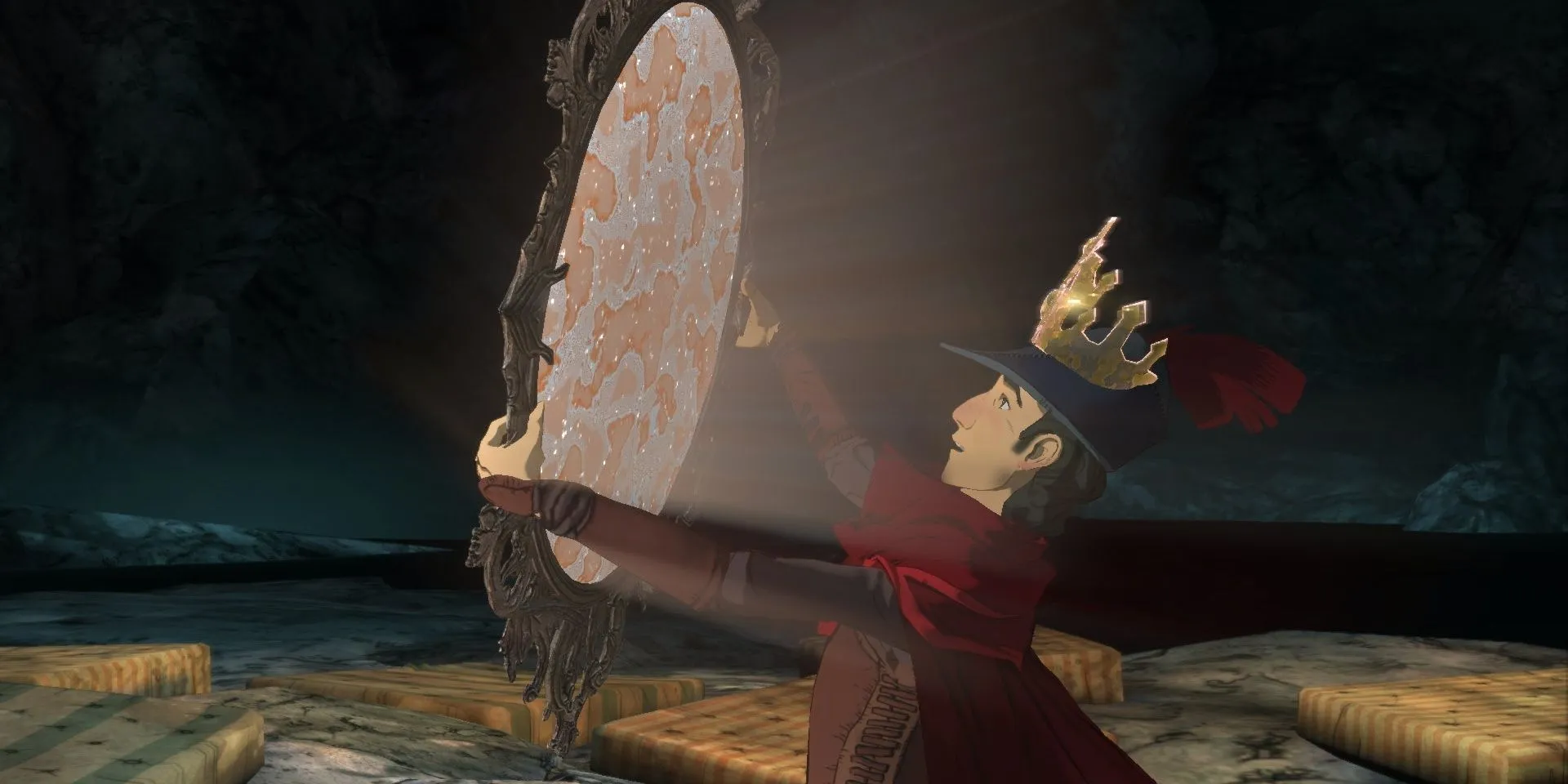 Graham trẻ tuổi soi gương trong một cảnh của King's Quest 2015