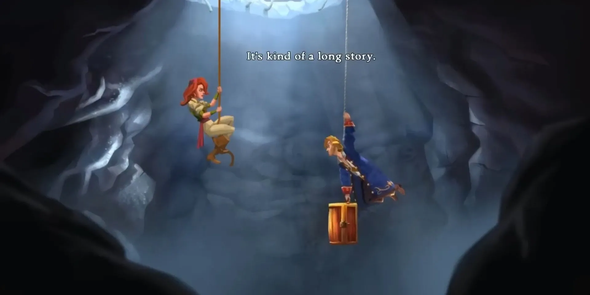 Guybrush và Elaine treo mình trên dây thừng trong Monkey Island 2