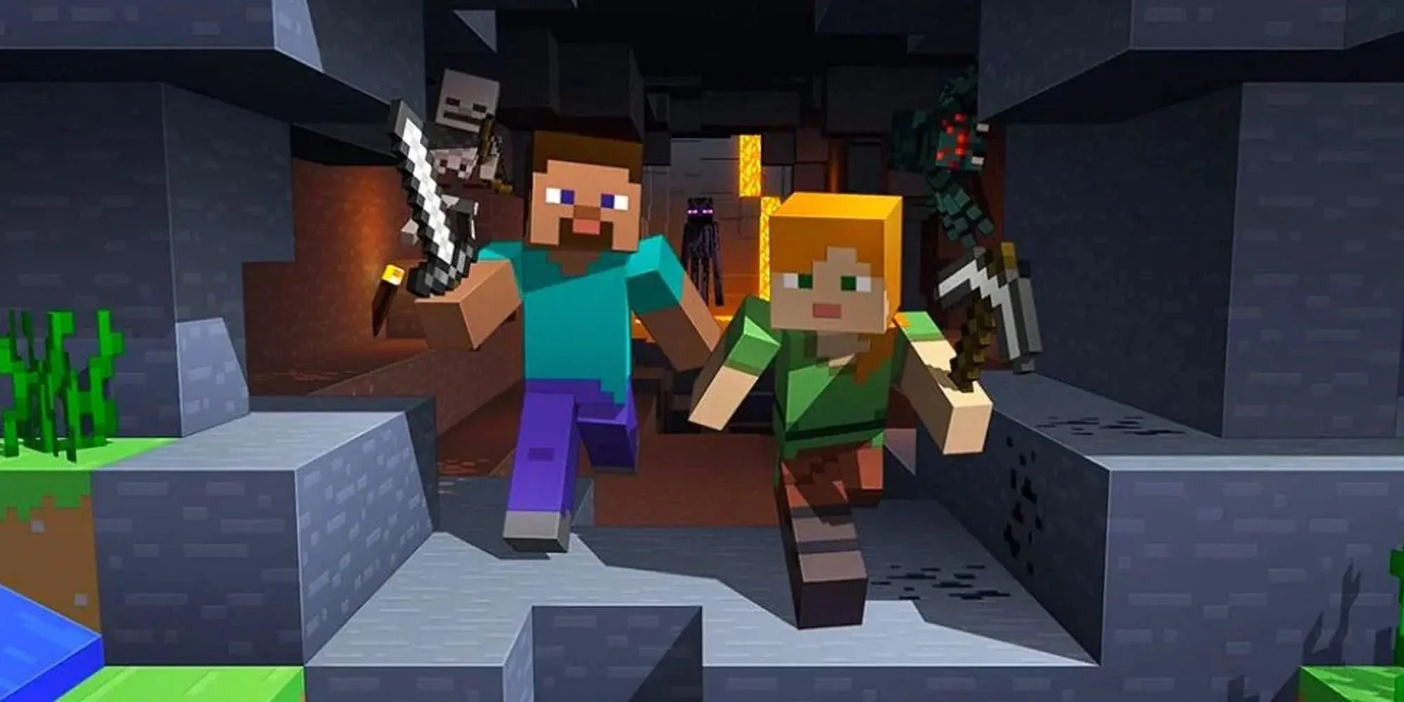Hai người chơi Minecraft chạy ra khỏi hang động bị quái vật truy đuổi