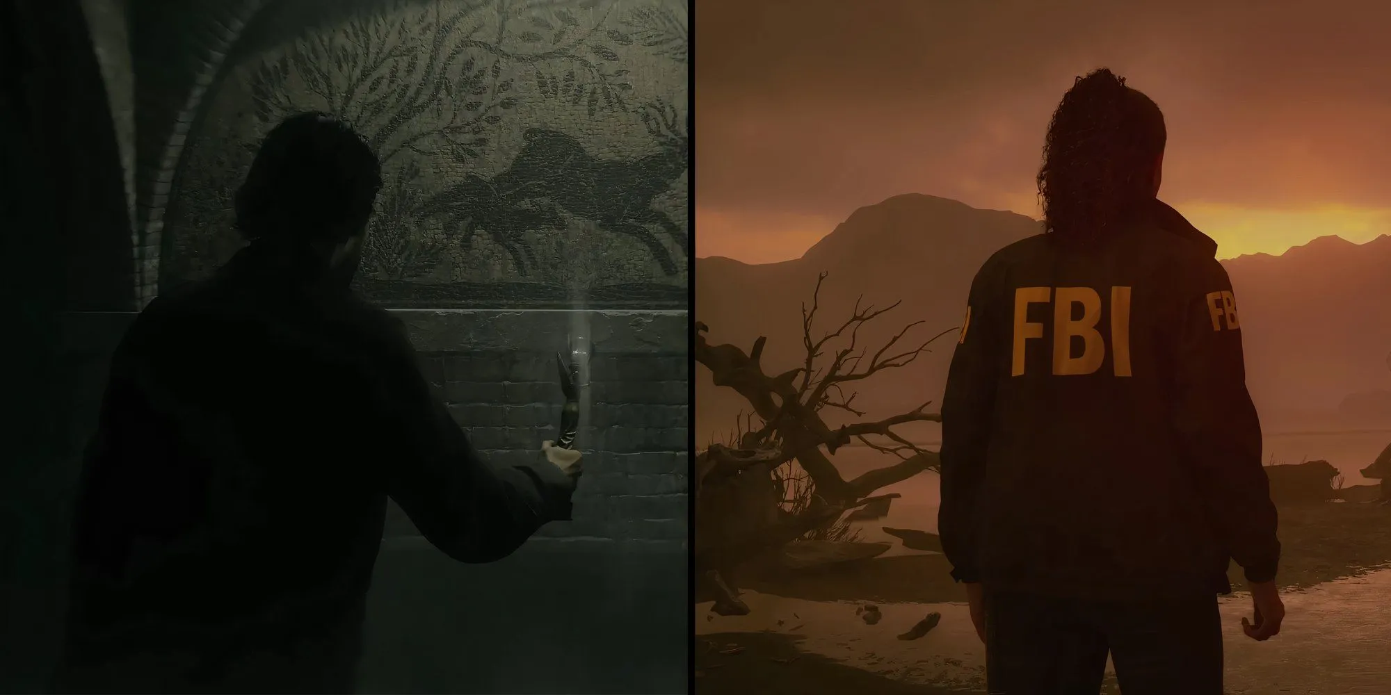 Hai nhân vật chính Alan Wake và Saga Anderson trong Alan Wake 2 đứng quay lưng trong những môi trường khác nhau