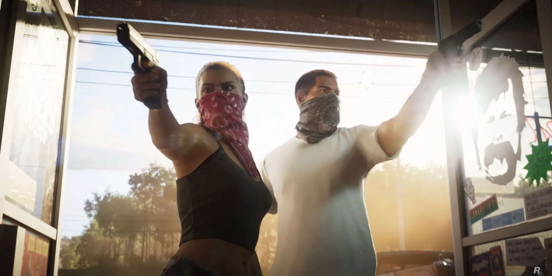 Hai nhân vật chính Lucia và Jason của GTA 6 đứng tựa vào xe mui trần