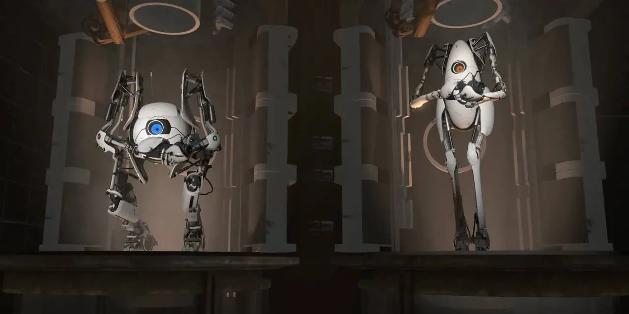 Hai robot Atlas và P-Body hợp tác giải đố trong chế độ co-op của Portal 2