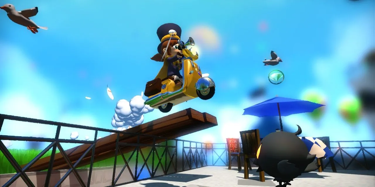 Hat Kid lái xe scooter trong game platformer A Hat in Time