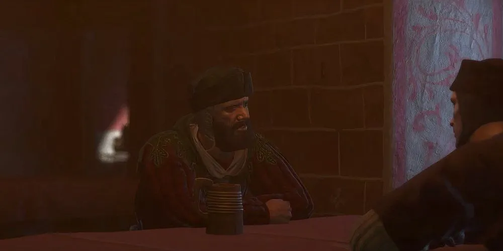 Henry gặp Menhard tại quán trọ sau cuộc đấu đầu tiên trong nhiệm vụ Ars Dimicatoria của Kingdom Come Deliverance 2