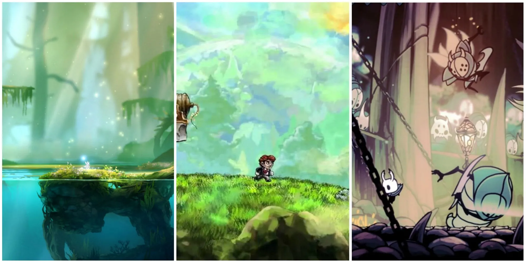 Hình ảnh các game platformer 2D nổi tiếng Ori, Braid và Hollow Knight