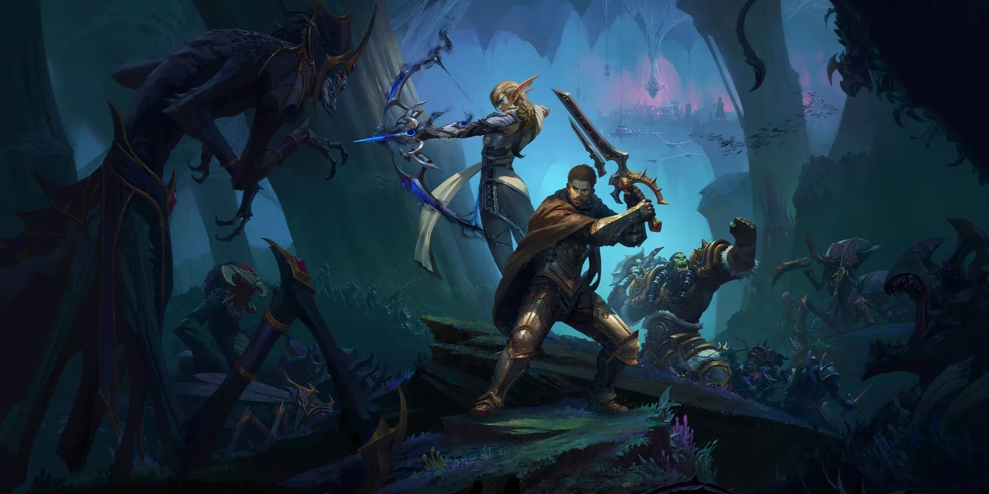 Hình ảnh quảng cáo từ World of Warcraft The War Within với các nhân vật kỳ ảo chuẩn bị chiến đấu