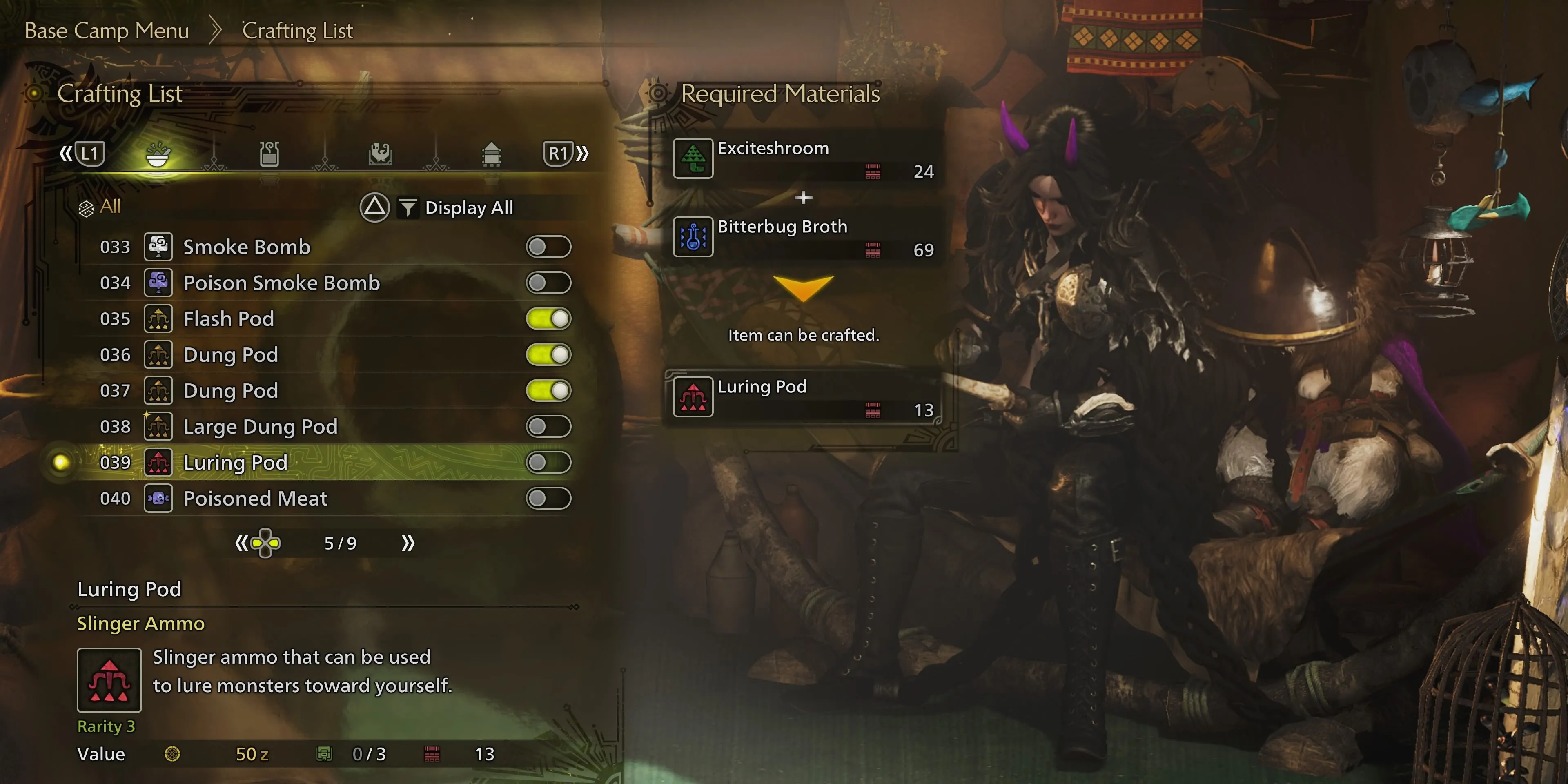 Hướng dẫn chế tạo Luring Pod trong Monster Hunter Wilds với các nguyên liệu cần thiết được hiển thị.