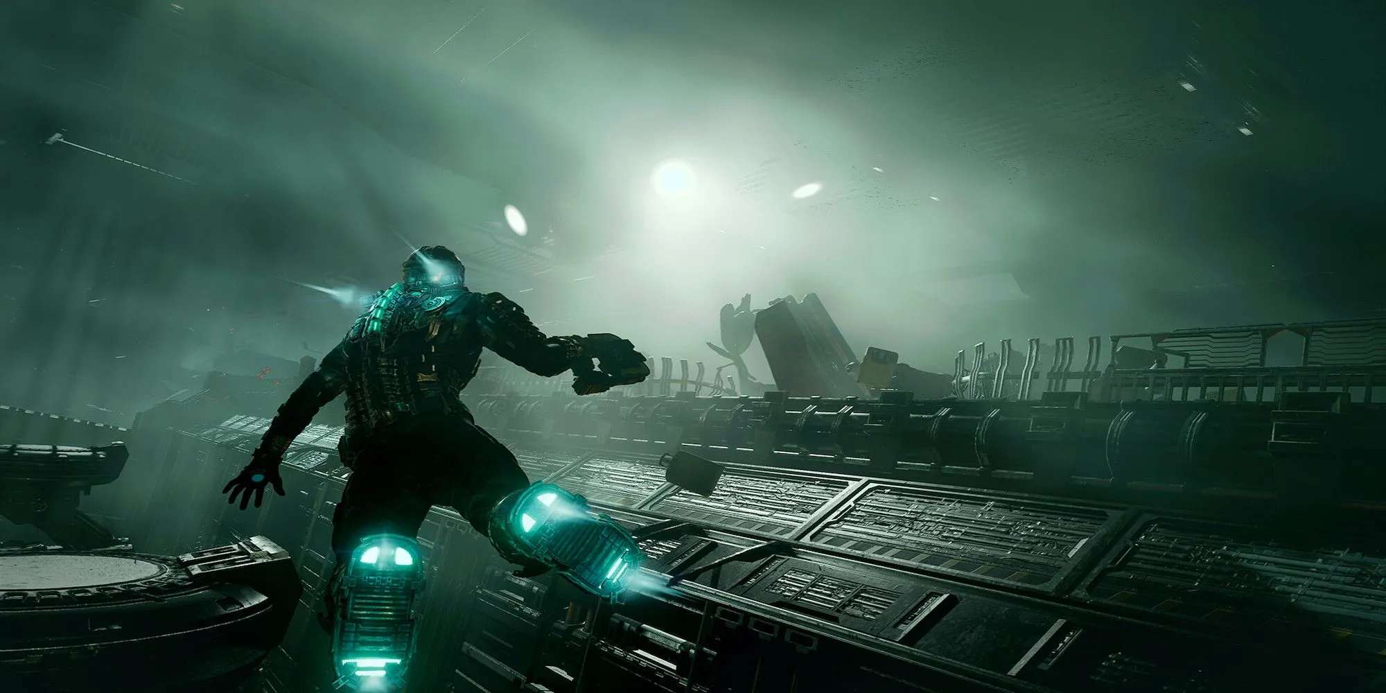 Isaac Clarke trôi nổi trong không gian vô trọng lực trong Dead Space