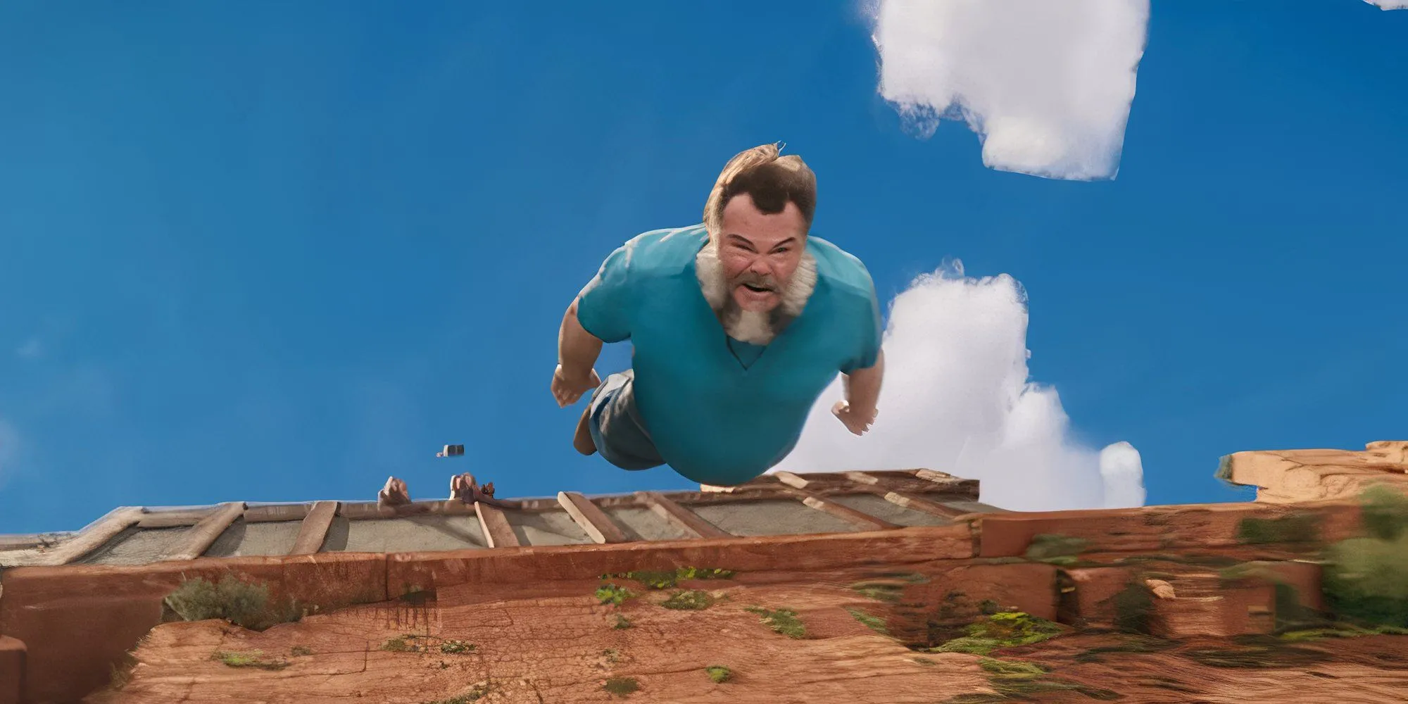 Jack Black trong vai Steve đang rơi gợi nhớ cơ chế vật lý trong game Minecraft