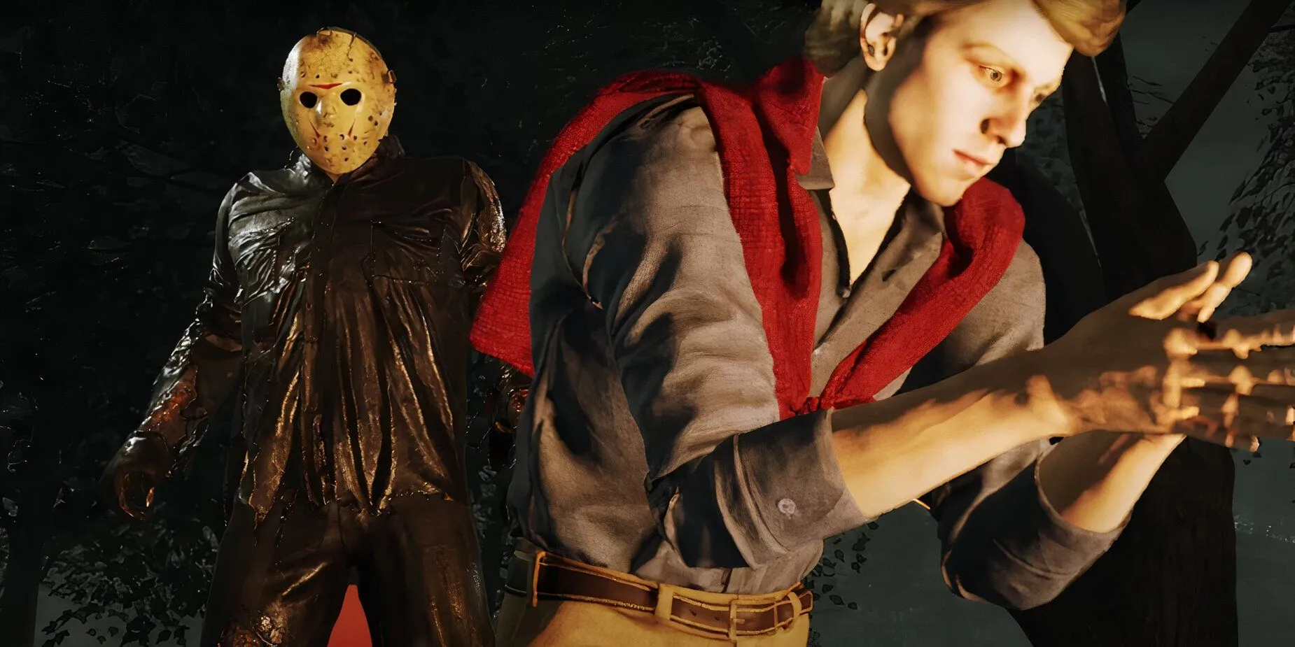 Jason Voorhees trong Friday the 13th The Game đứng giữa khung cảnh rừng tối