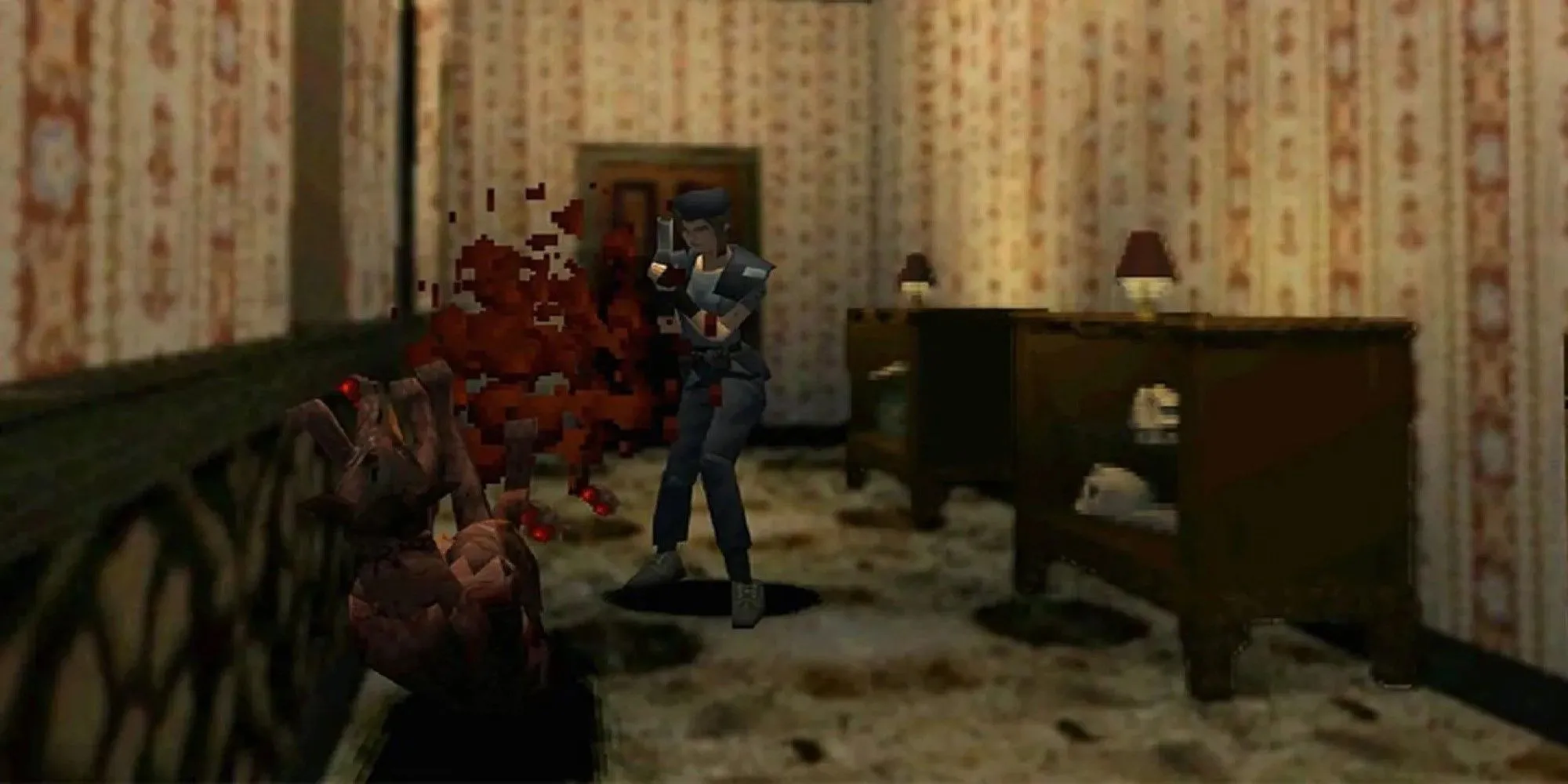Jill Valentine trong Resident Evil bản gốc đang ngắm bắn một kẻ thù zombie
