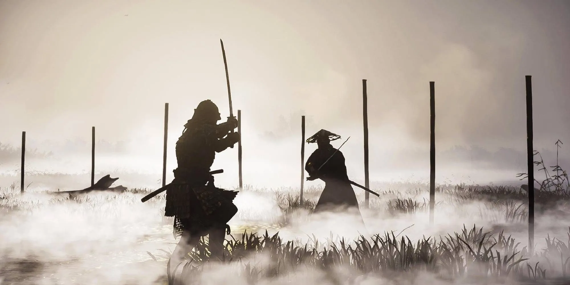 Jin Sakai trong Ghost of Tsushima tham gia một trận đấu kiếm tay đôi kịch tính giữa khung cảnh thiên nhiên tuyệt đẹp của đảo Tsushima.