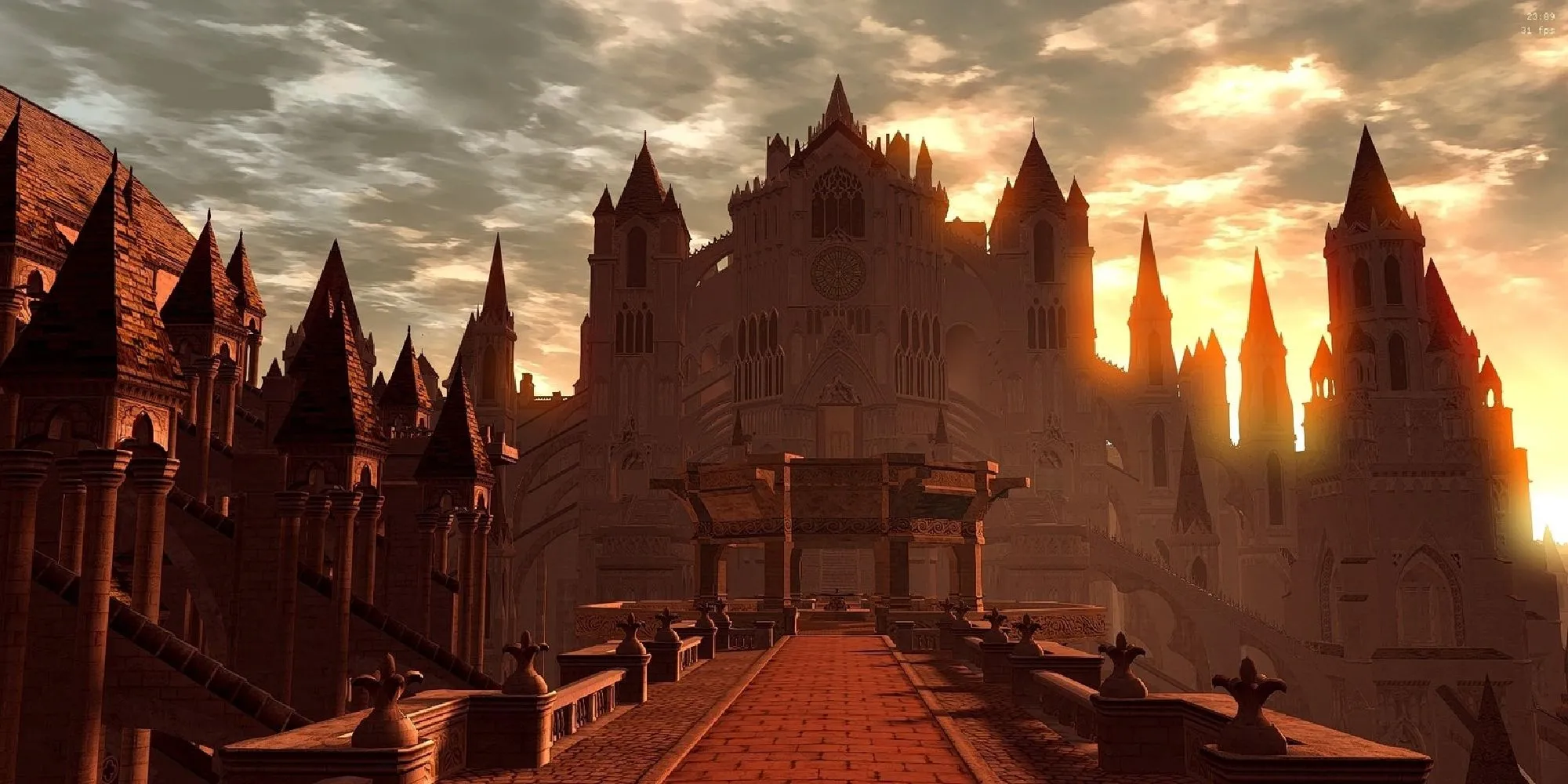 Khung cảnh Anor Londo tráng lệ vào giờ vàng trong Dark Souls