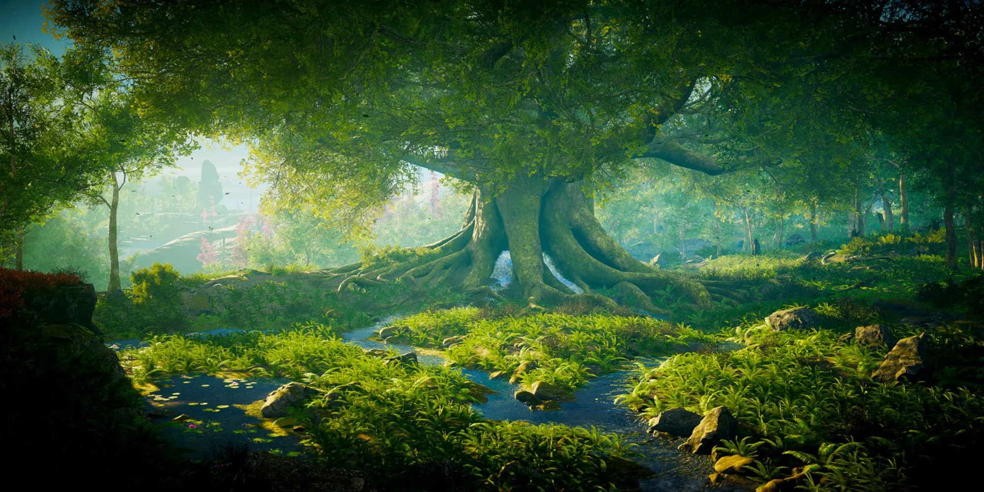Khung cảnh cây đại thụ khổng lồ giữa đồng cỏ và suối nước trong game Eastshade