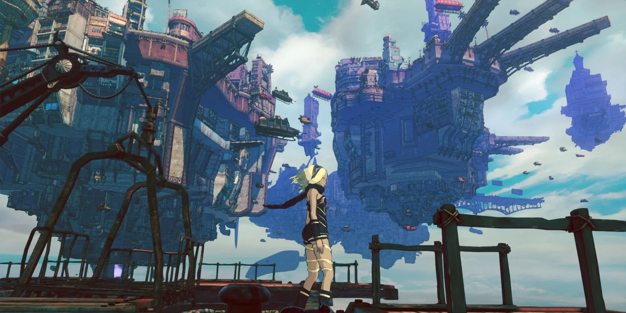 Khung cảnh hòn đảo bay trên trời trong Gravity Rush 2 đồ họa anime comic