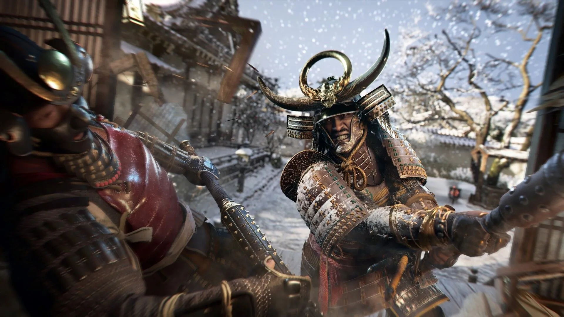 Khung cảnh một ngôi làng Nhật Bản phong kiến trong Assassin's Creed Shadows với kiến trúc truyền thống và cây cối xanh tươi.