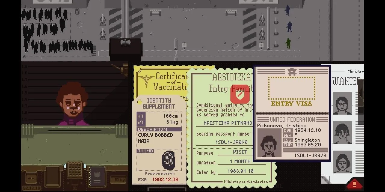 Kiểm tra giấy tờ tùy thân tại cửa khẩu trong game mô phỏng Papers, Please.