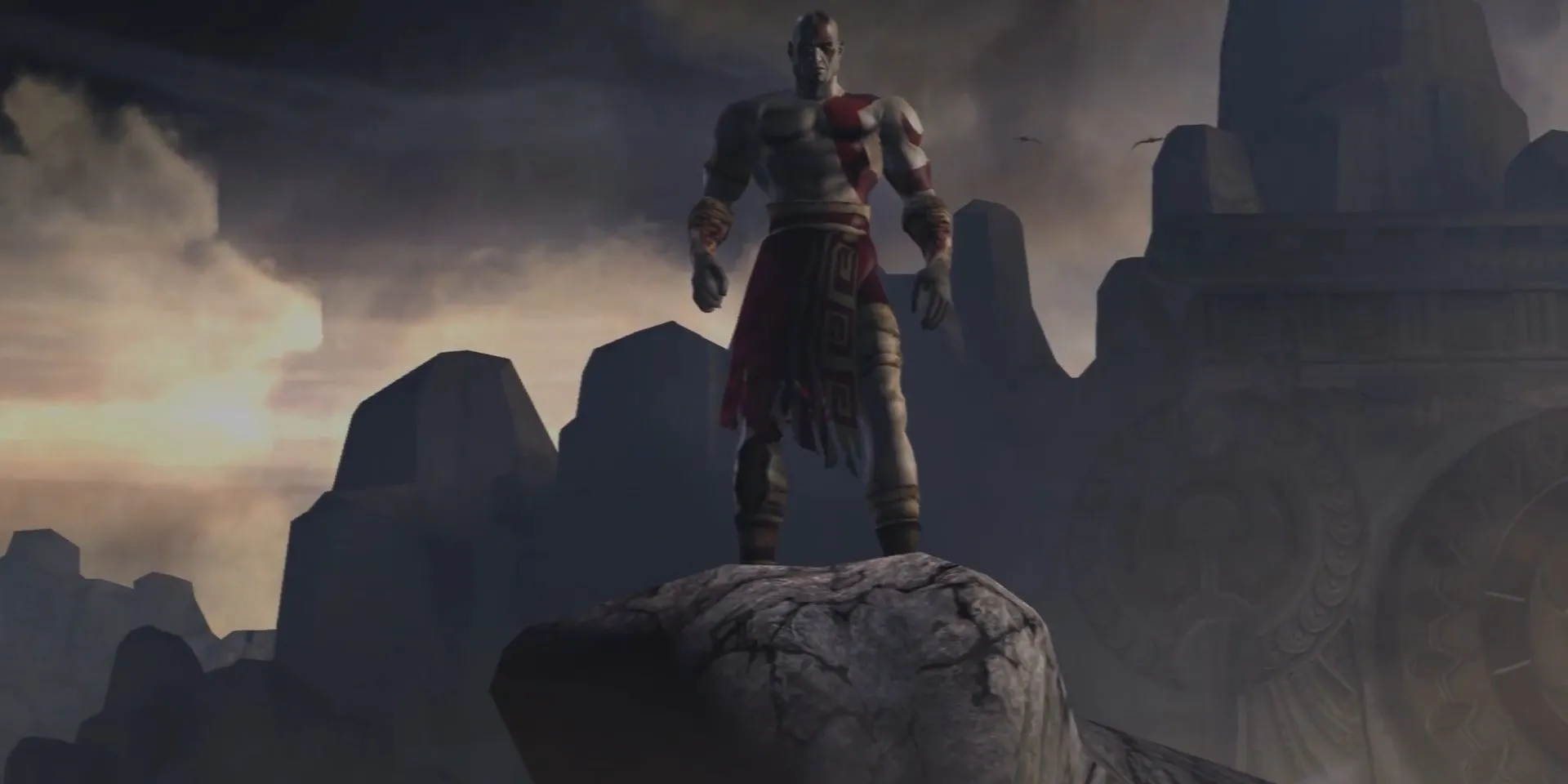 Kratos đứng trên vách đá nhìn xuống biển trong God of War 2005