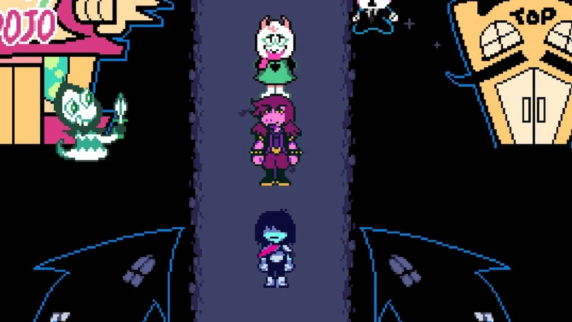 Kris, Ralsei và Susie đứng cùng nhau trong thị trấn của Deltarune