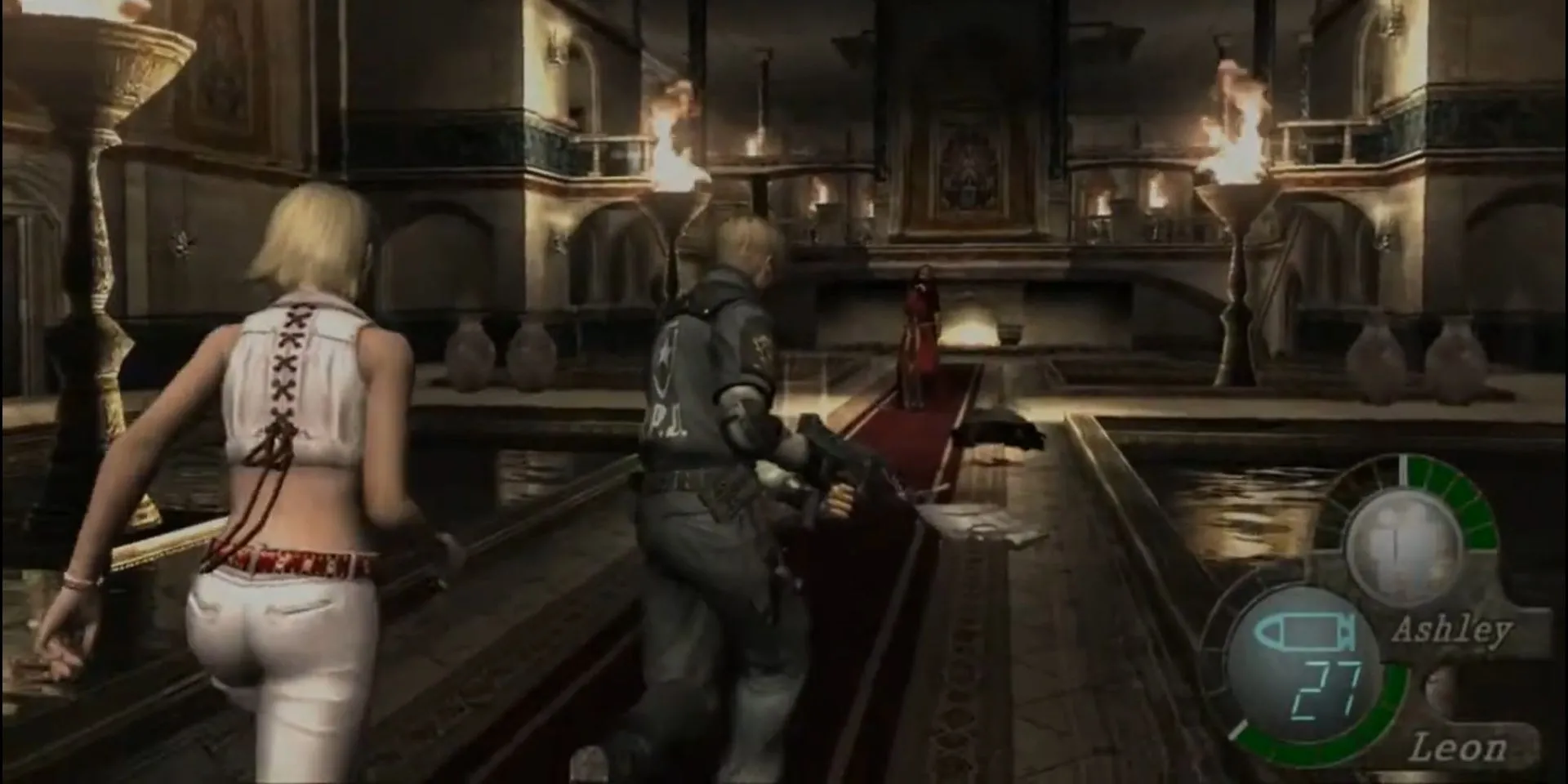 Leon và Ashley trong căn phòng nước đầy thử thách của Resident Evil 4 (2005)