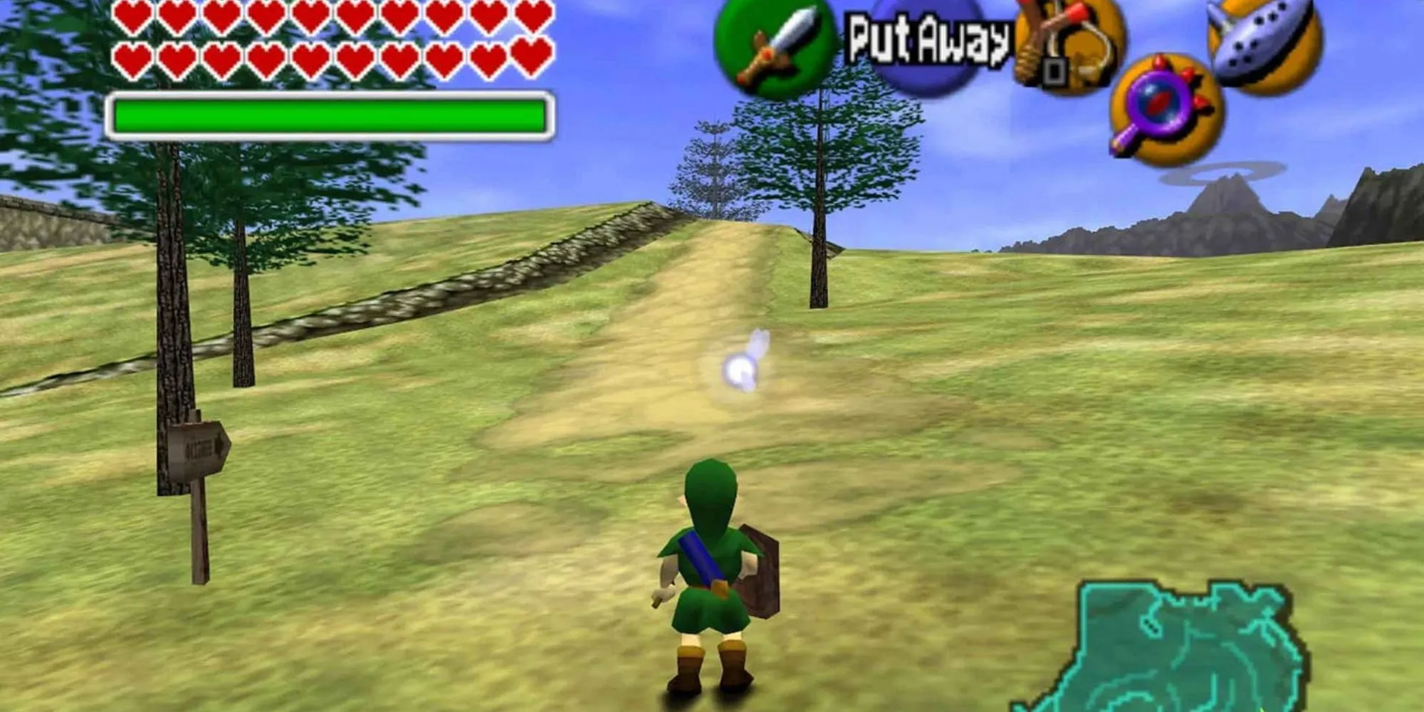 Link khám phá vùng đất Hyrule rộng lớn trong The Legend of Zelda: Ocarina of Time trên Nintendo 64