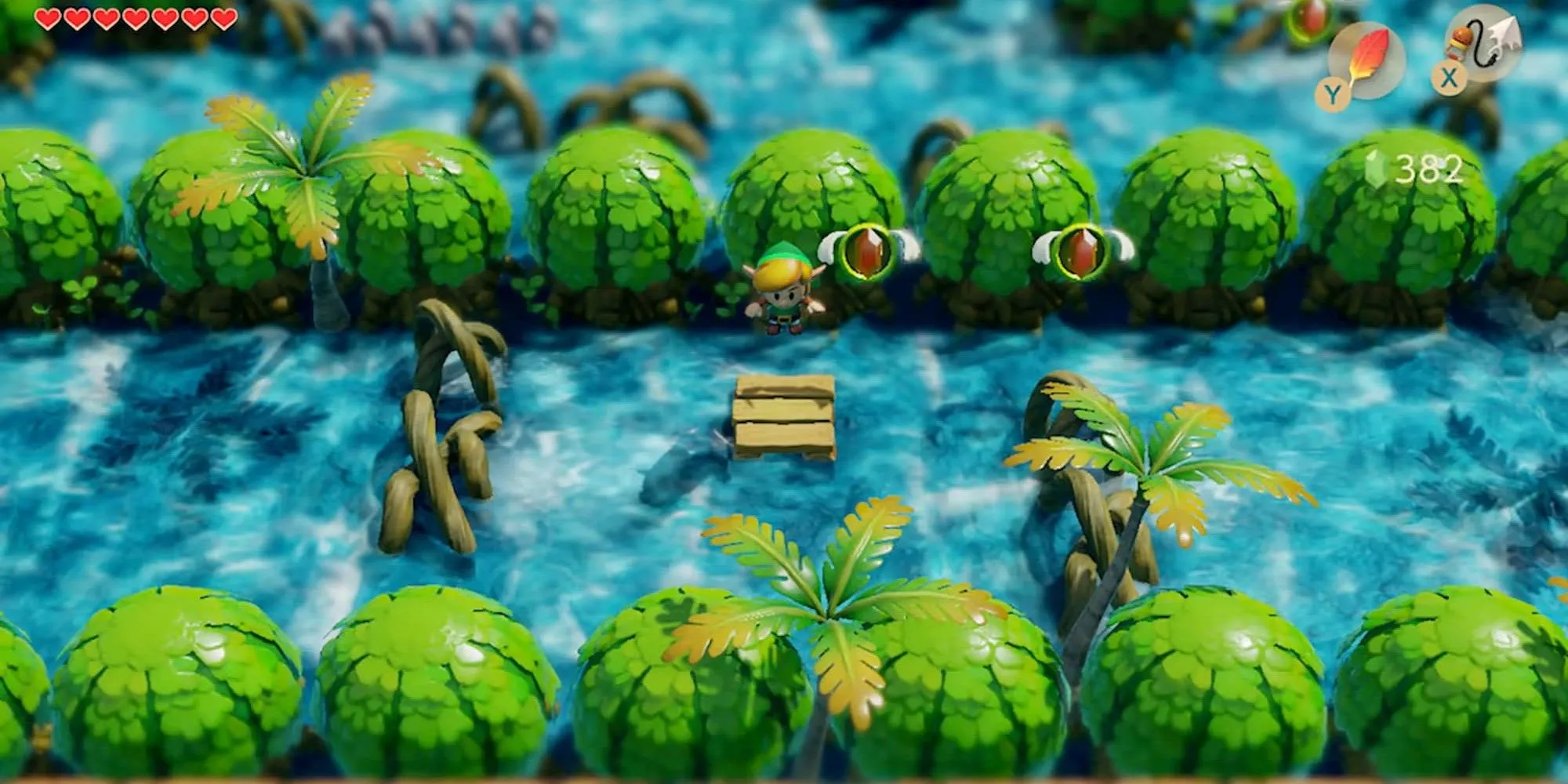 Link nhảy qua sông trong The Legend of Zelda: Link's Awakening đồ họa chibi
