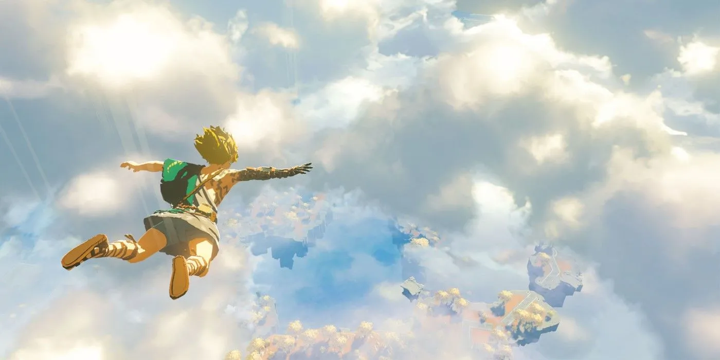 Link rơi từ Sky Islands xuống Hyrule trong Zelda Tears of the Kingdom