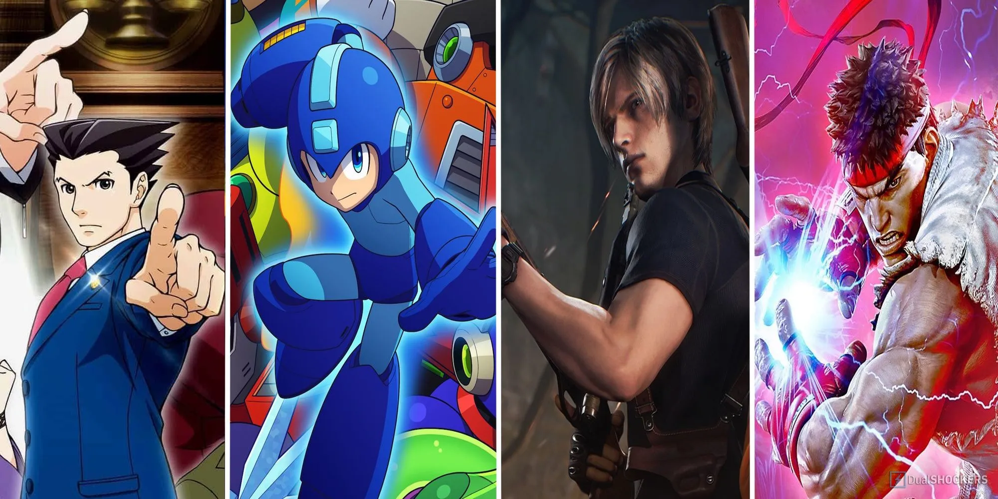 Logo các thương hiệu nổi tiếng của Capcom như Ace Attorney, Mega Man, Resident Evil, Street Fighter
