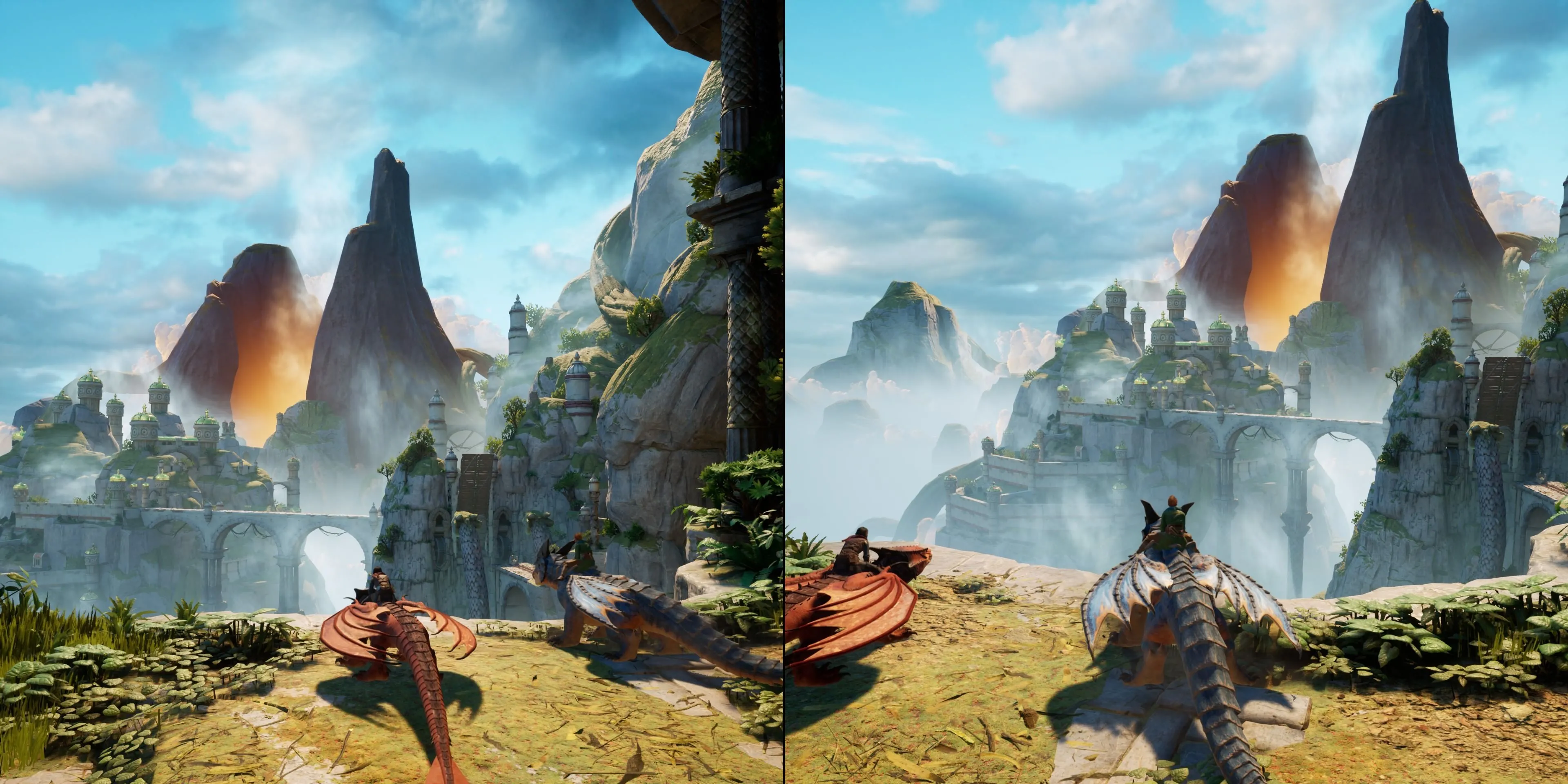 Màn chơi Rise of the Dragon Realm trong Split Fiction với cảnh rồng bay và núi non hùng vĩ