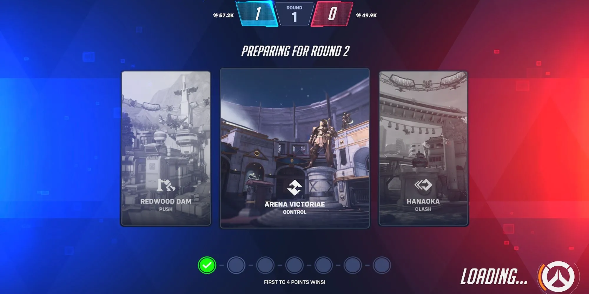Màn hình bắt đầu Round 2 trong chế độ Stadium Overwatch 2 hiển thị điểm số và thời gian