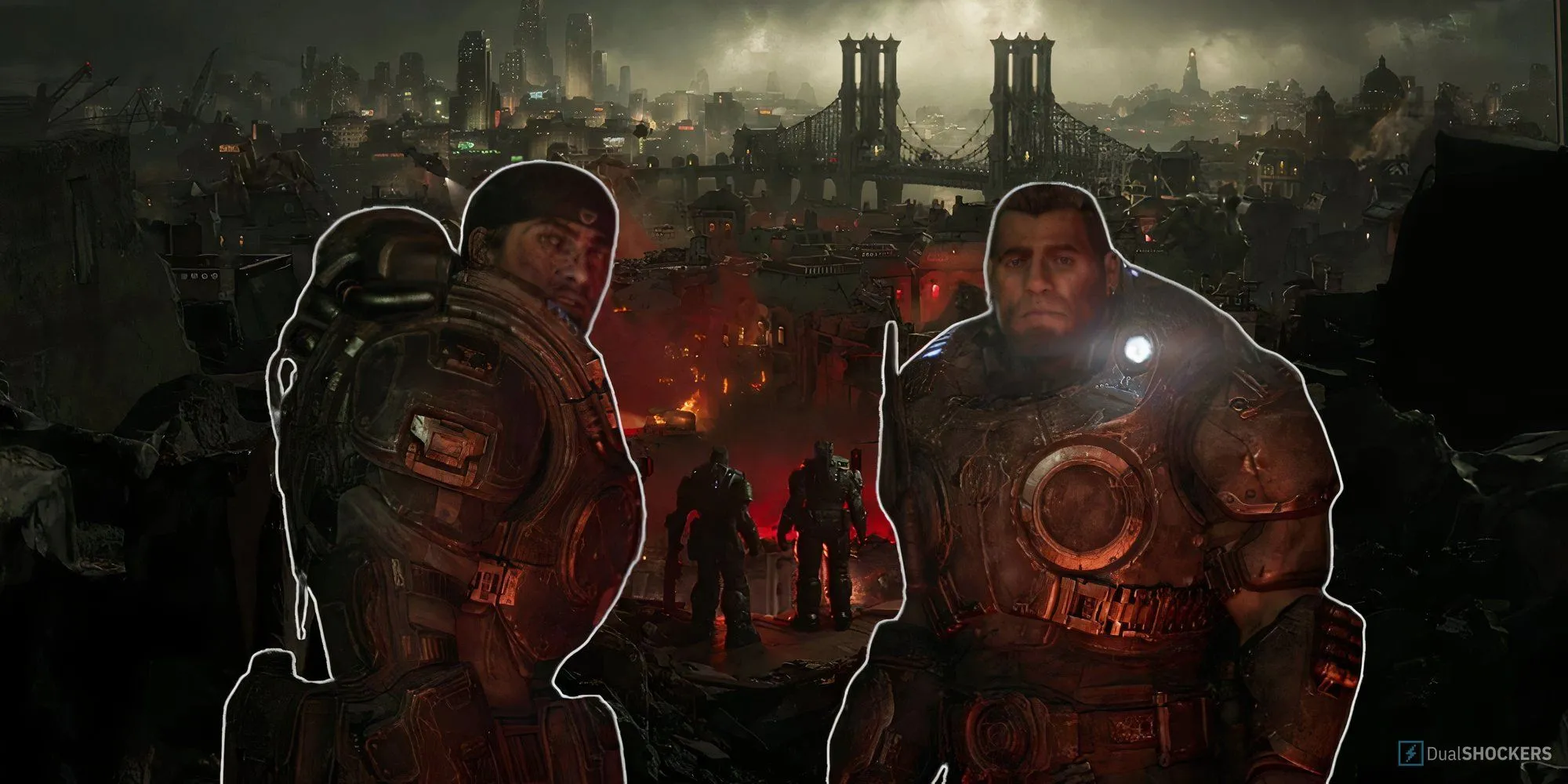 Marcus và Dom trong trailer Gears of War: E-Day nhìn ra thành phố đổ nát