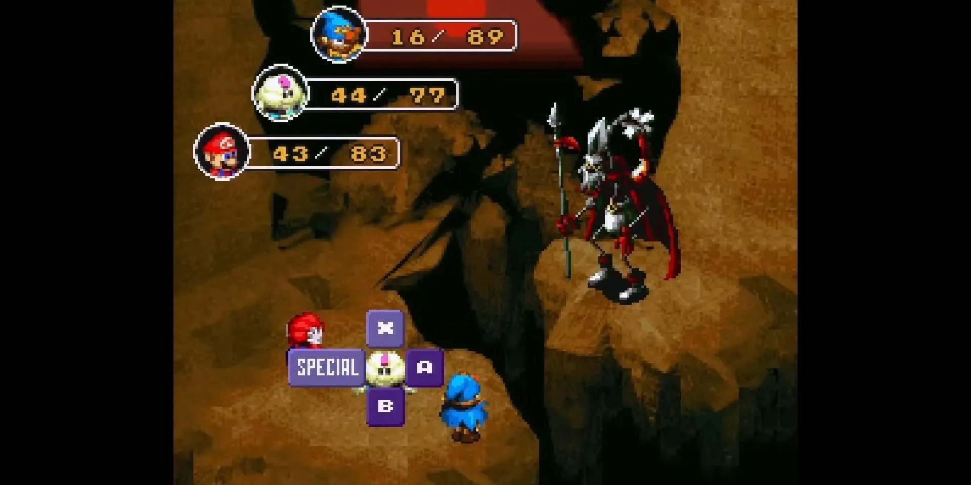 Mario và đồng đội chiến đấu với Yaridovich trong Super Mario RPG với phông nền trận đấu chi tiết