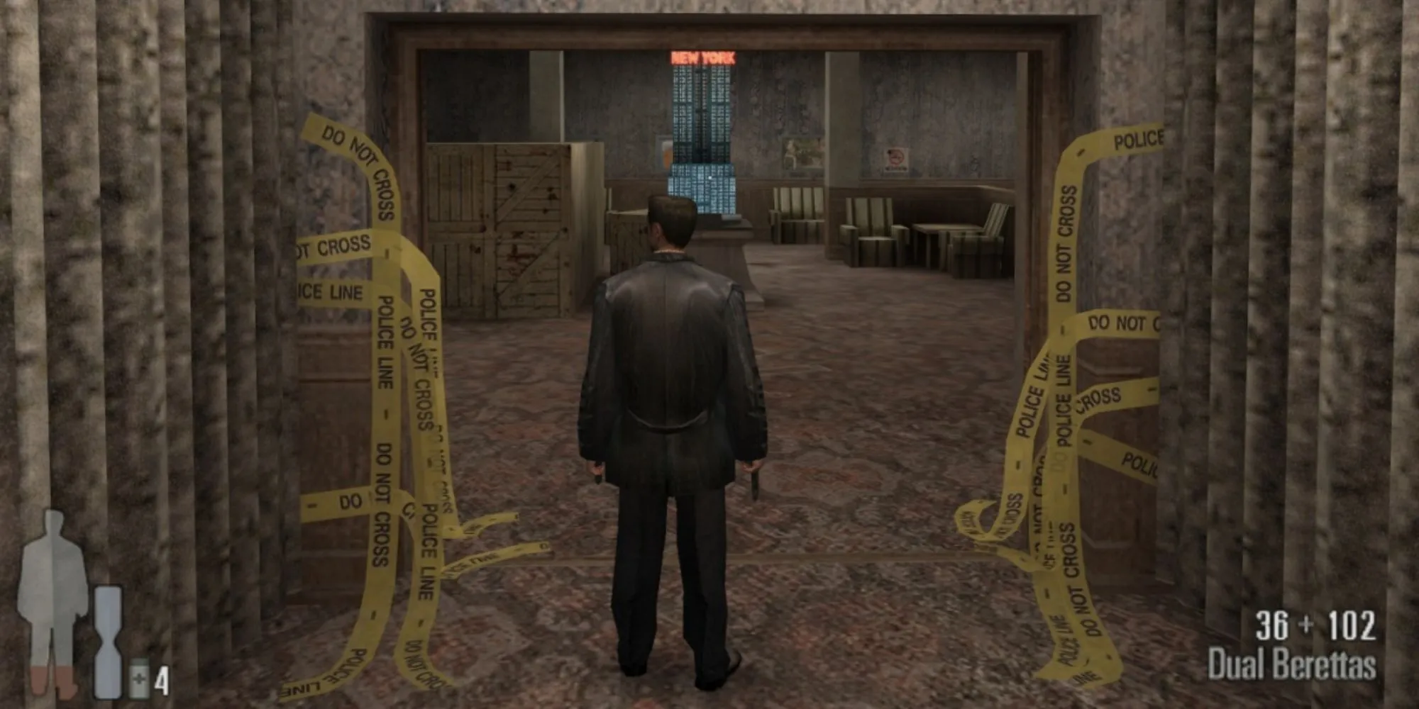 Max Payne đứng trong khách sạn với hiệu ứng slow-motion và không khí noir đặc trưng