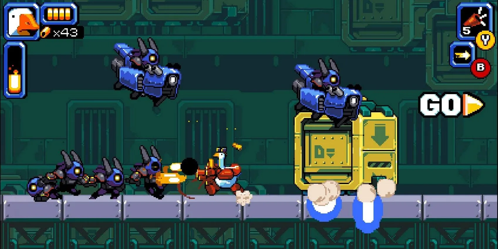 Mighty Goose đối mặt với một đàn kẻ thù đông đảo trong game