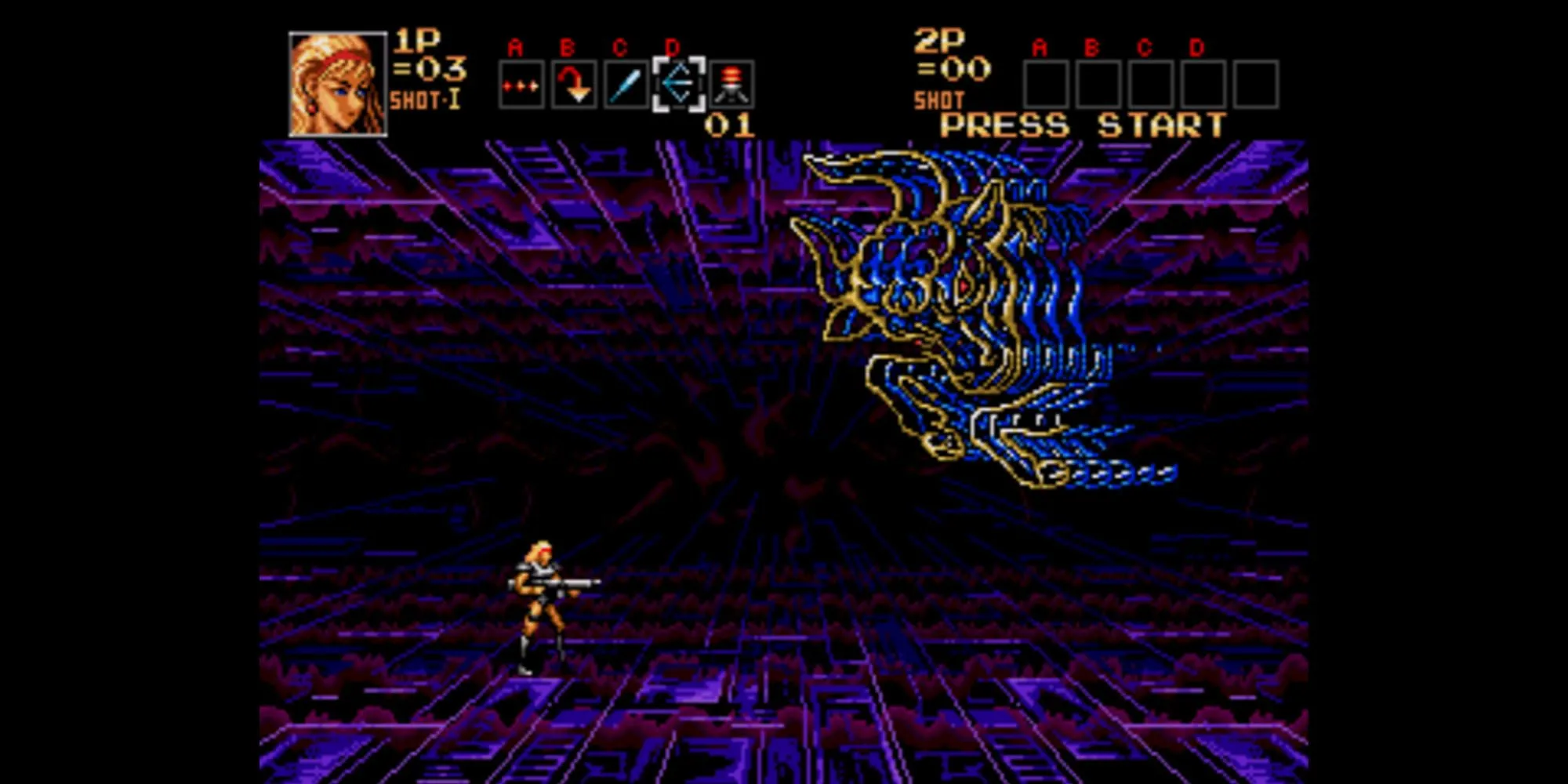 Một cảnh chiến đấu trong game Contra: Hard Corps trên hệ máy Sega Genesis