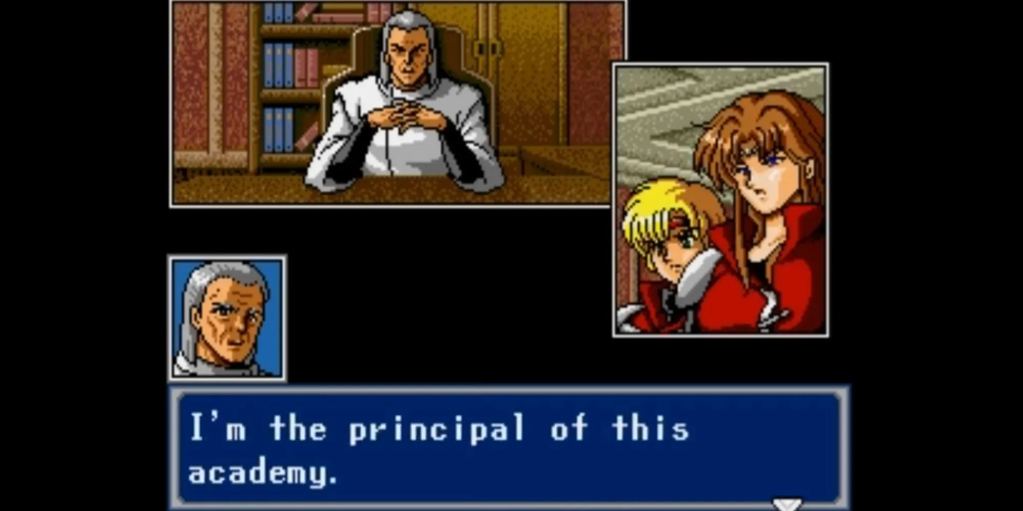 Một cảnh cutscene phong cách manga trong Phantasy Star IV thể hiện cảm xúc nhân vật