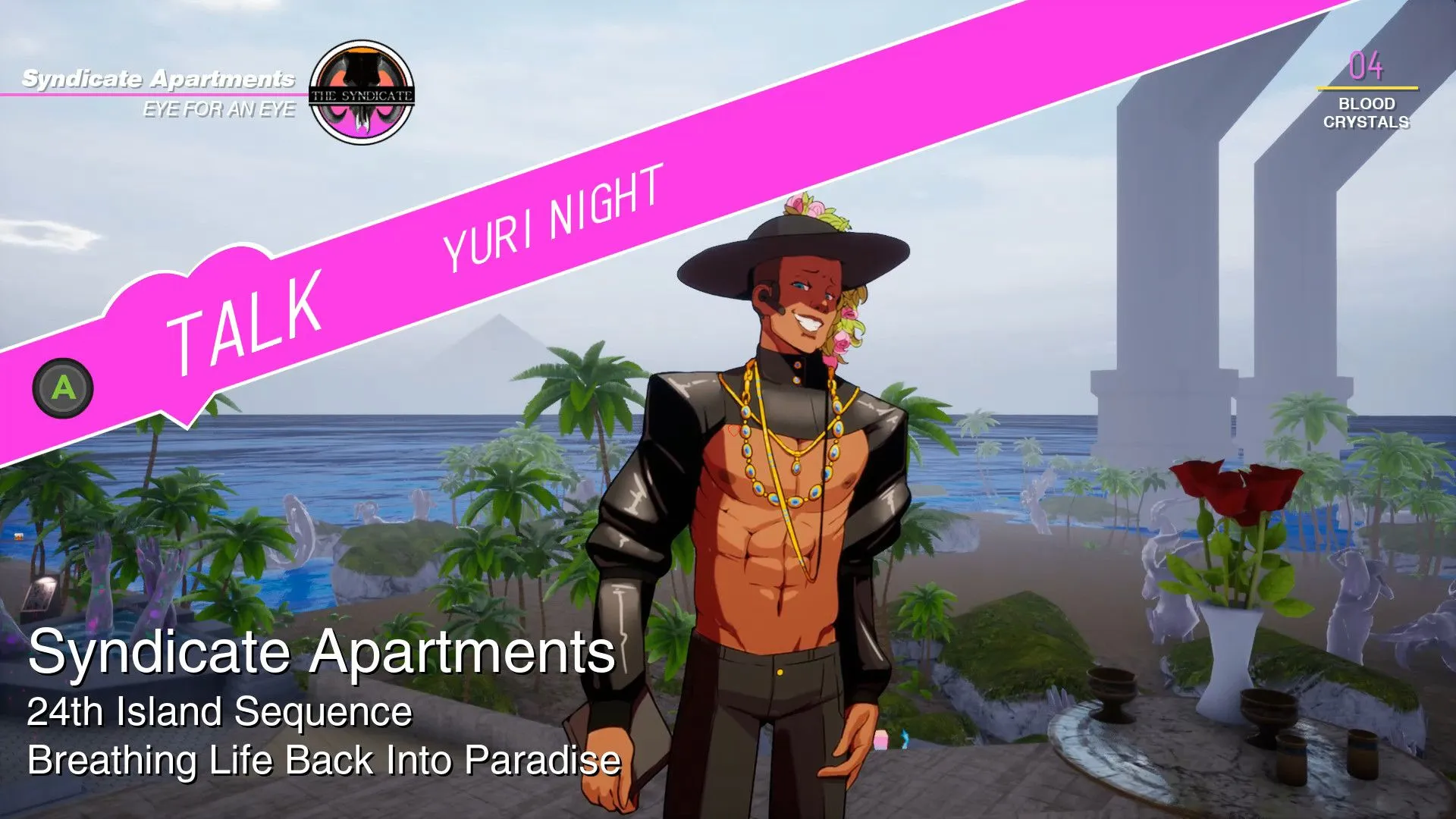 Một cảnh quan đầy màu sắc theo phong cách vaporwave trong game trinh thám Paradise Killer