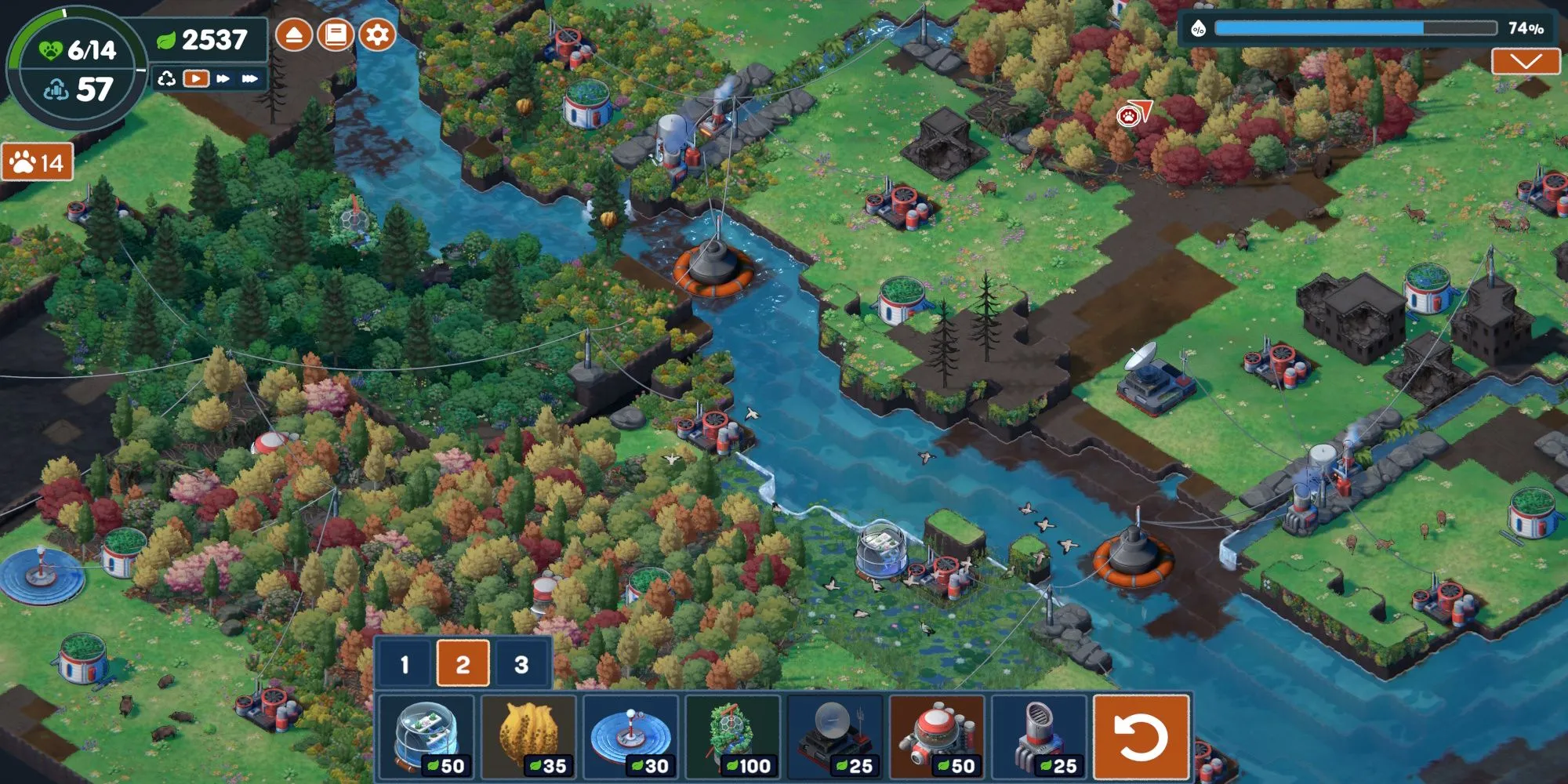 Một cảnh trong gameplay của Terra Nil cho thấy quá trình phục hồi hệ sinh thái.