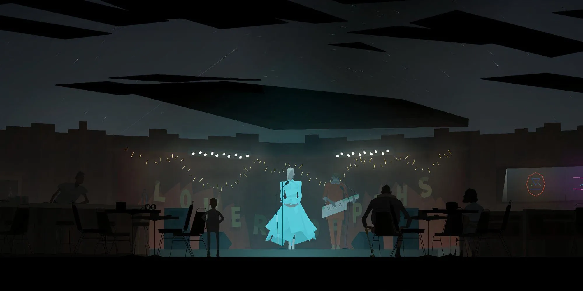 Một cảnh trong Kentucky Route Zero với người phụ nữ hát trên sân khấu và khán giả bên dưới