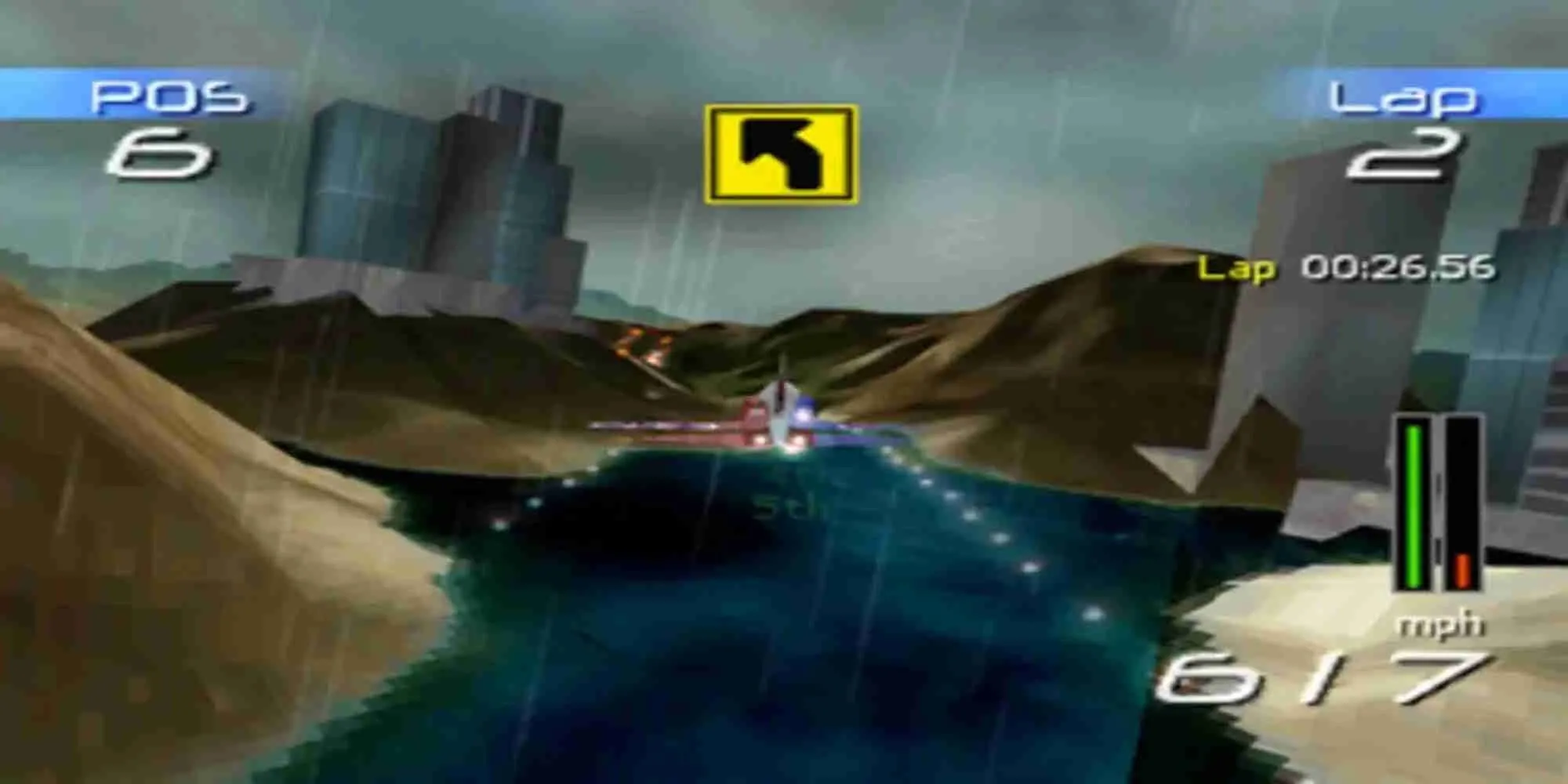 Một chiếc máy bay phản lực đang đua qua các cổng trên không trong game N.GEN Racing PS1