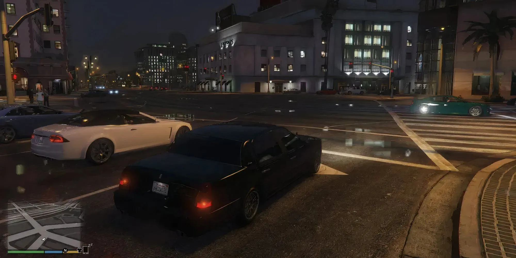 Một chiếc ô tô đang lái trên đường phố của Los Santos trong GTA 5.