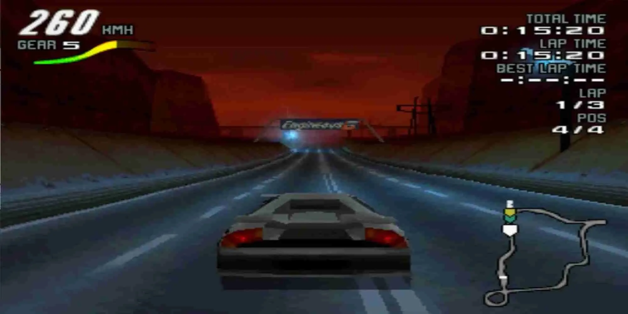 Một chiếc xe đua tương lai đang lao vun vút trên đường đua thành phố đêm trong game Motorhead PS1