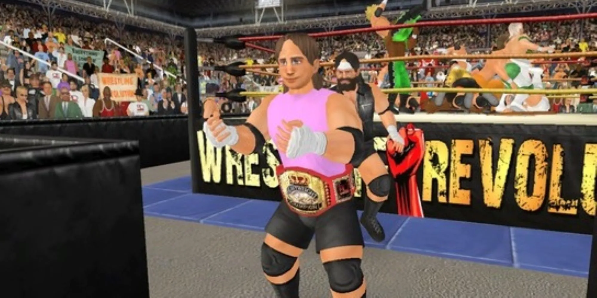 Một đô vật đứng trước võ đài với một nhóm đô vật phía sau trong Wrestling Empire