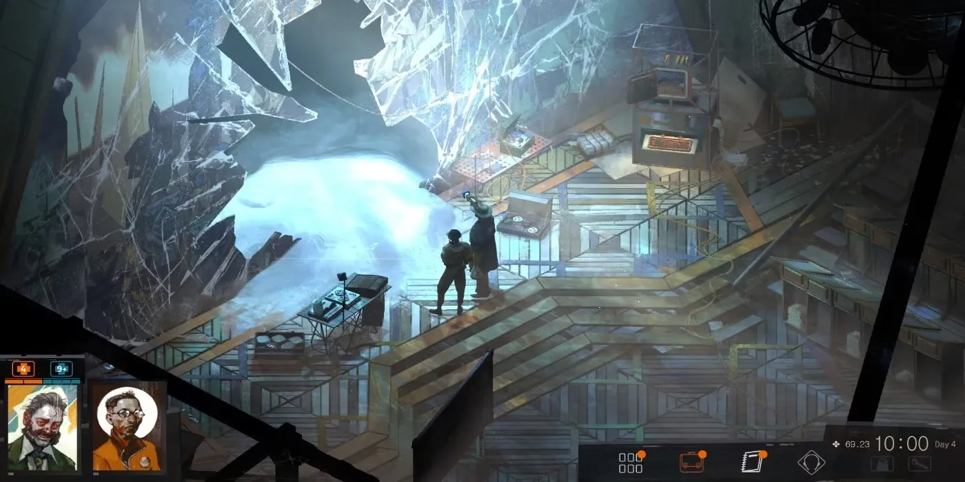 Một hình ảnh gameplay từ tựa game Disco Elysium với nhân vật chính đứng trong một căn phòng bừa bộn.