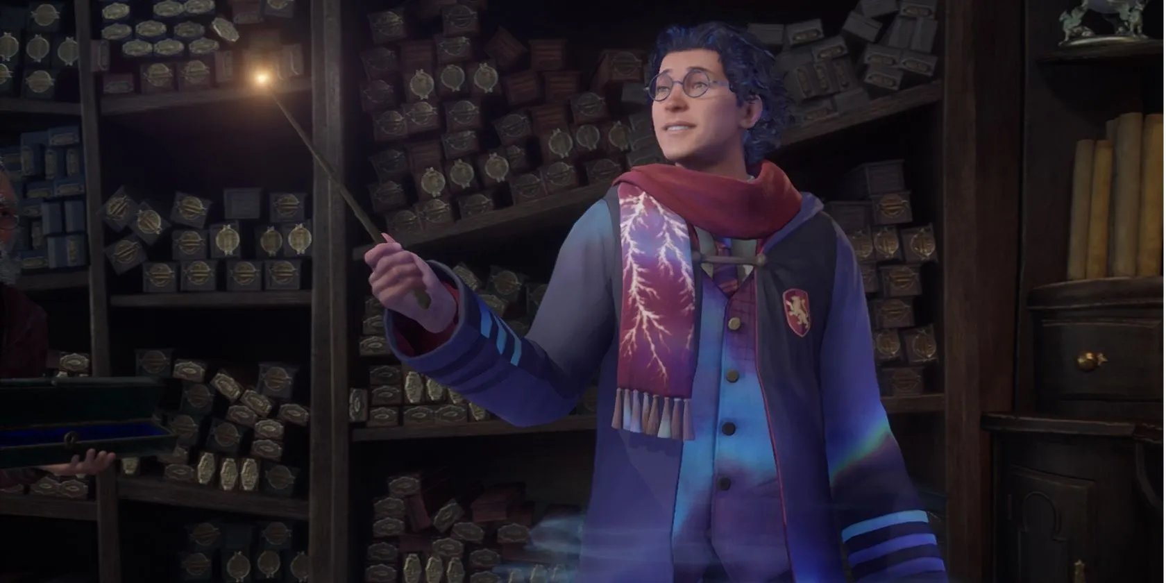 Một học sinh Hogwarts trong game Hogwarts Legacy cầm đũa phép, làm nổi bật yếu tố phép thuật và khám phá trường học.