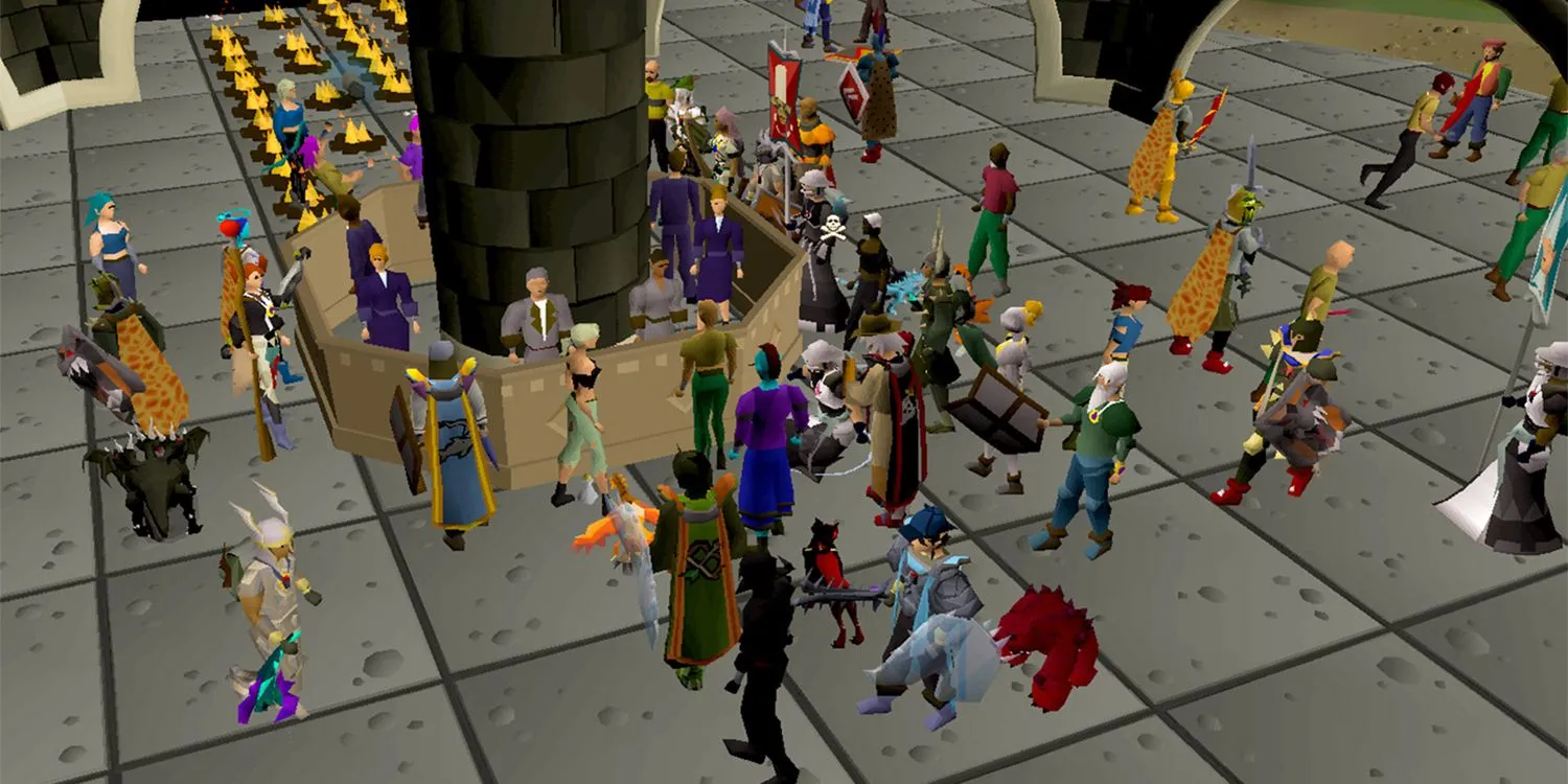 Một khu vực đông đúc người chơi trong Old School RuneScape thể hiện sự sống động của game