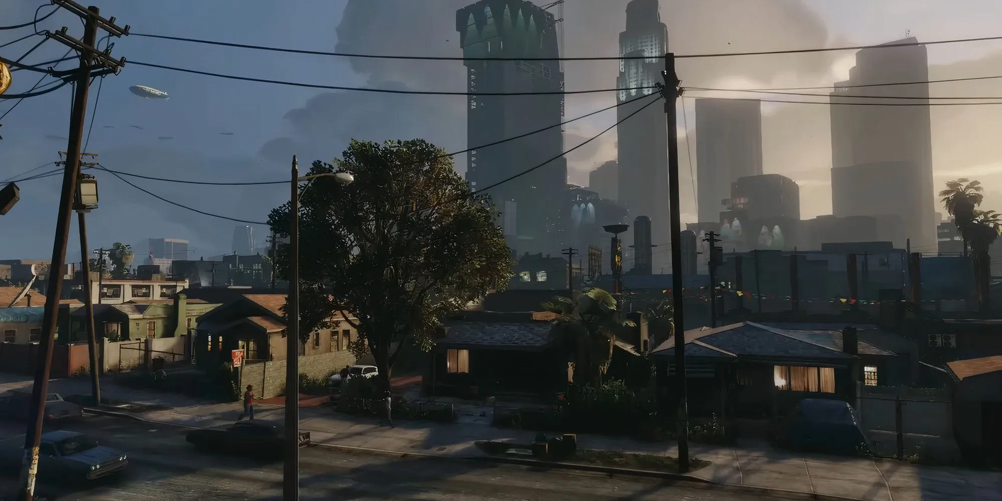 Một khung cảnh thành phố Los Santos từ trên cao trong GTA V, cho thấy sự rộng lớn của nó.