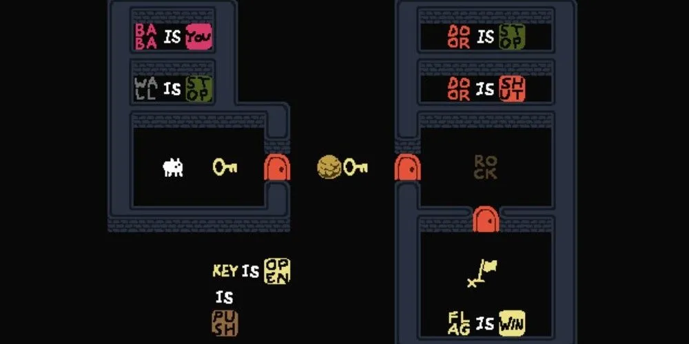 Một màn giải đố logic trong game Baba is You với các khối chữ có thể thay đổi luật chơi