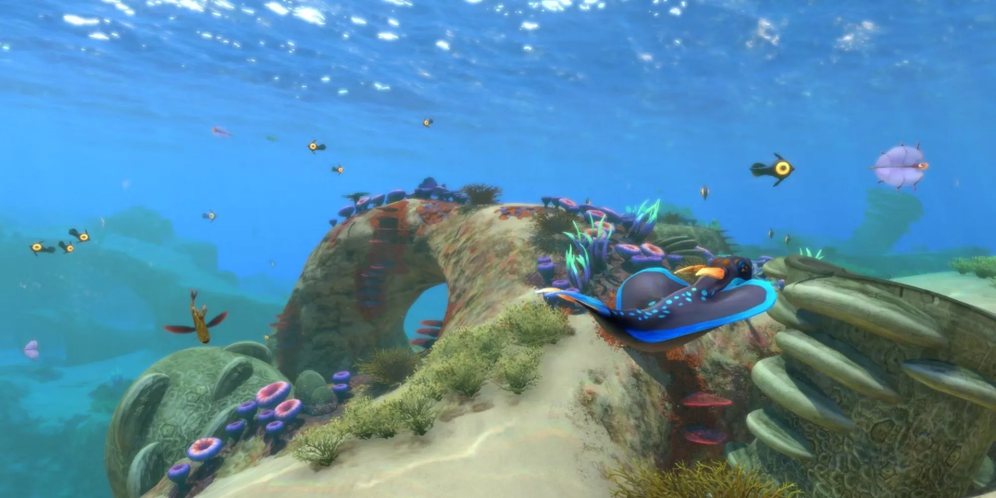 Một rạn san hô đầy màu sắc và sinh vật biển kỳ lạ trong Subnautica.